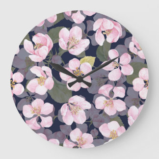 Blühender Apfel: Dunkelblaue Wasserfarbe Große Wanduhr