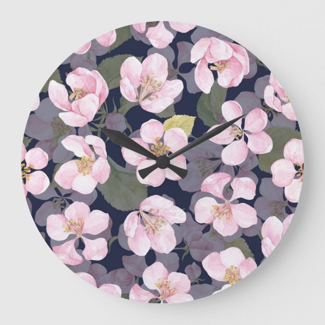 Blühender Apfel: Dunkelblaue Wasserfarbe Große Wanduhr (Vorderseite)