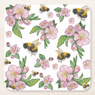 Blühender Apfelgarten mit Bienen-Aquarell Rechteckiger Pappuntersetzer
