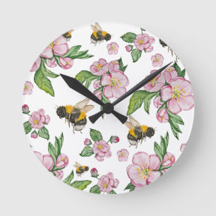 Blühender Apfelgarten mit Bienen-Aquarell Runde Wanduhr