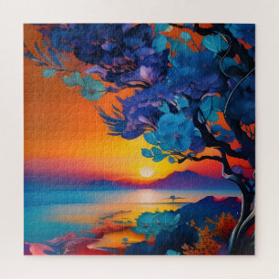 Blühender Baum am See bei Sonnenaufgang