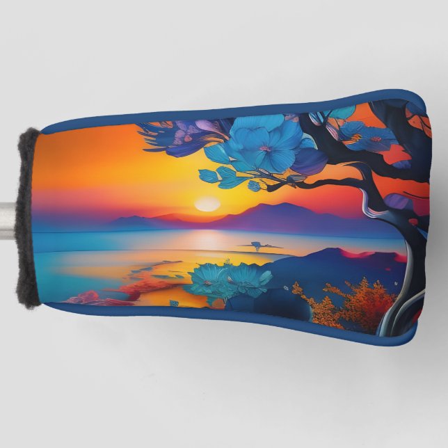 Blühender Baum am See bei Sonnenaufgang Golf Headcover (Vorderseite)