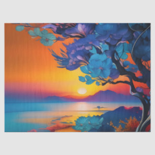 Blühender Baum am See bei Sonnenaufgang Seidenpapier