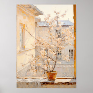 Blühender Baum auf einer Fensterbank Poster