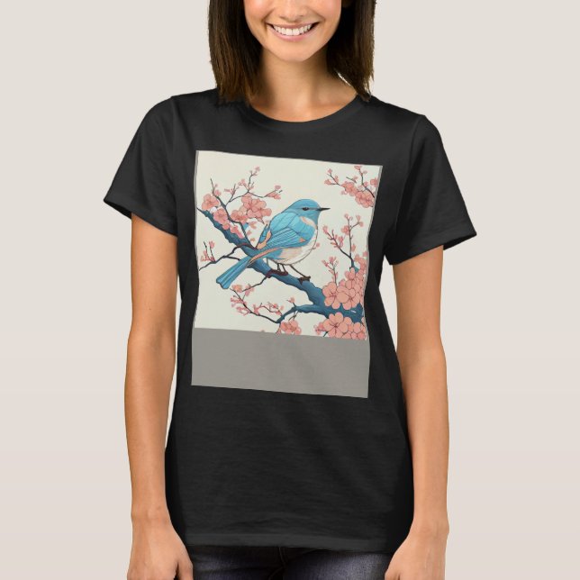 Blühender Bluebird auf dem Sakura Zweig Blumenflie T-Shirt (Vorderseite)
