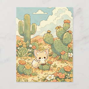 Blühender Feigenkaktus Kawaii Fennek Fuchs Postkarte