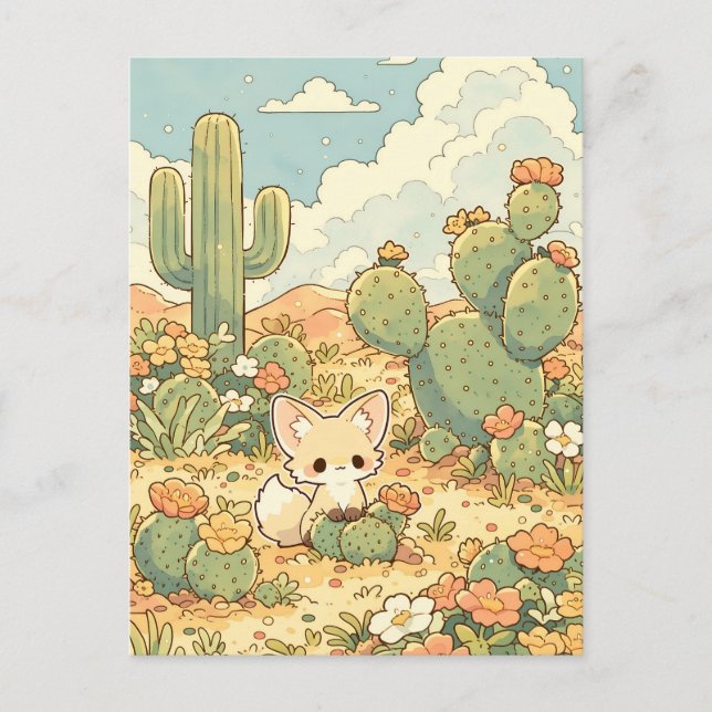 Blühender Feigenkaktus Kawaii Fennek Fuchs Postkarte (Vorderseite)