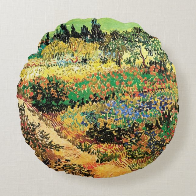Blühender Garten mit Pfad durch Vincent van Gogh Rundes Kissen (Vorderseite)