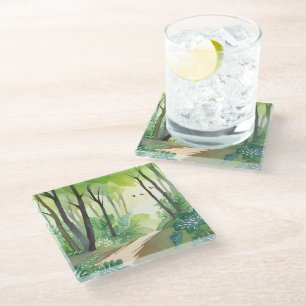 Blühender grüner Wald Natur-Aquarell Glasuntersetzer