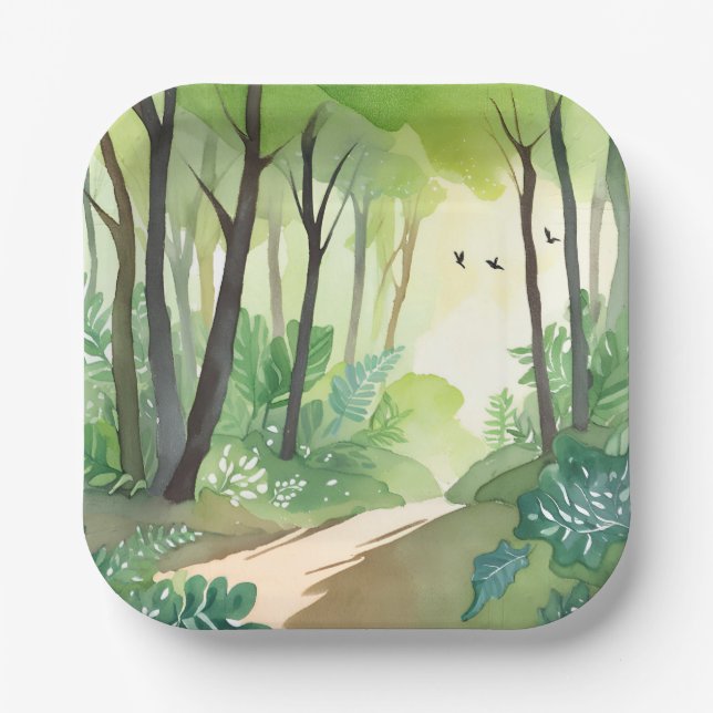 Blühender grüner Wald | Natur-Aquarell Pappteller (Vorderseite)