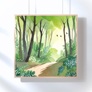 Blühender grüner Wald Natur Aquarell Poster