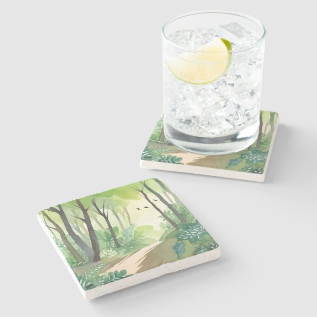 Blühender grüner Wald | Natur-Aquarell Steinuntersetzer (Seitenansicht)