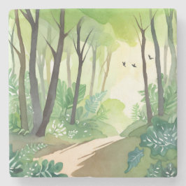 Blühender grüner Wald | Natur-Aquarell Steinuntersetzer