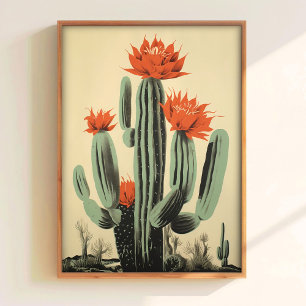 Blühender Kaktus Druck Retro-Wandkunst Rote Blume  Poster