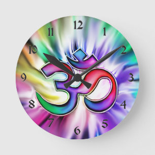 Blühender Regenbogen Lotus OM Runde Wanduhr