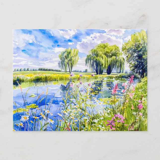 Blühender Riverbank Havelland Watercolor Style Postkarte (Vorderseite)