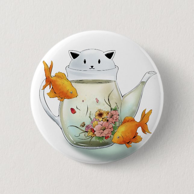 Blühender Tee in einer Katzen-Teekanne und einem Button (Vorderseite)