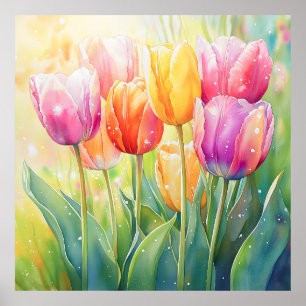 Blühender Wasserfarbener Frühlingsgarten Poster