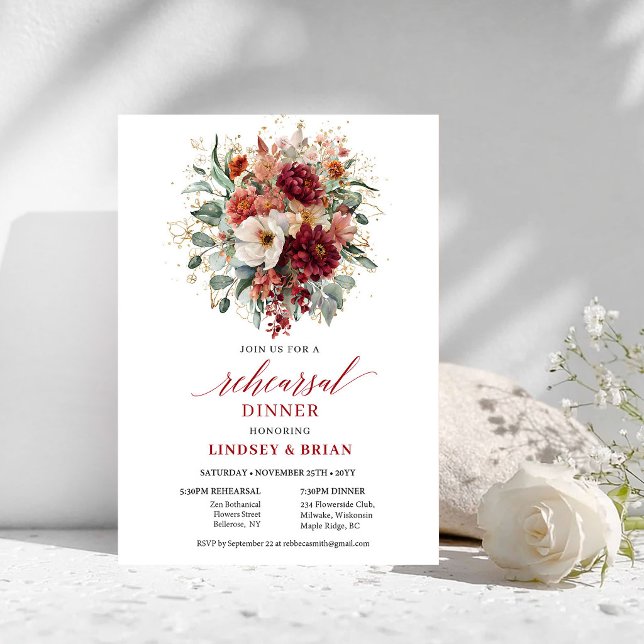 Blühendes Boho-Burgunder-Blumen-Probedinner Einladung (Flourishing Boho Burgundy Floral Rehearsal Dinner

)