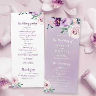 Blühendes botanisches Hochzeitsprogramm für lila B Menükarte