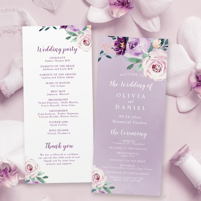 Blühendes botanisches Hochzeitsprogramm für lila B Menükarte (Blooming botanical purple floral wedding program)