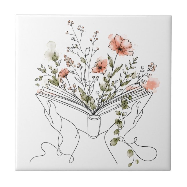 Blühendes Buch Botanische Linienkunst Fliese (Vorderseite)