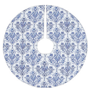 Blühendes Damastmuster - blau Polyester Weihnachtsbaumdecke
