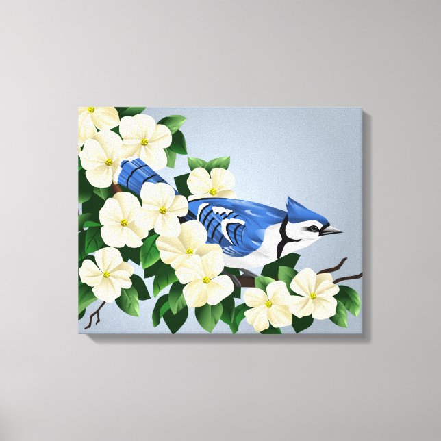 Blühendes Dogwood mit Blue Jay Bird Leinwanddruck (Vorderseite)