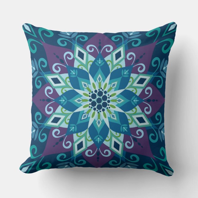 Blühendes Mandala-Blau-Großes Skala-Wurf Kissen (Vorderseite)