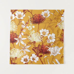 Blühendes Retro: Unvollendete Florale Linienkunst Wandteppich
