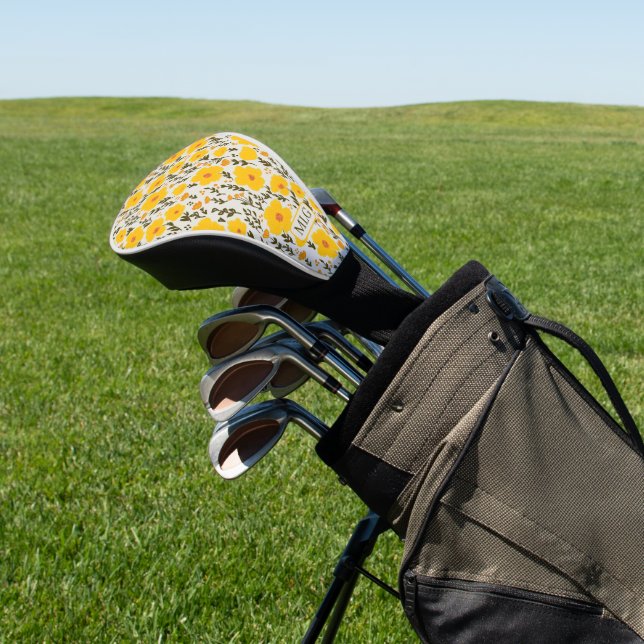 Blühendes Wiesengelbes Blumenmuster und Monogramm Golf Headcover (In SItu)