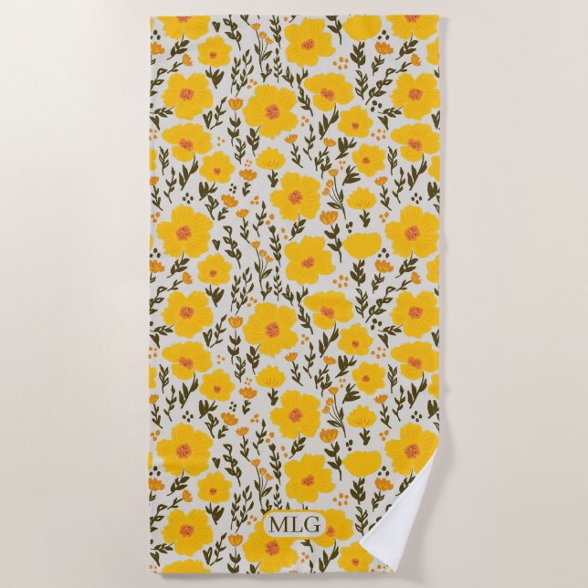 Blühendes Wiesengelbes Blumenmuster und Monogramm Strandtuch (Vorderseite)