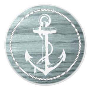 Bluish Aged Wood Look Print mit Nautical Anchor Keramikknauf