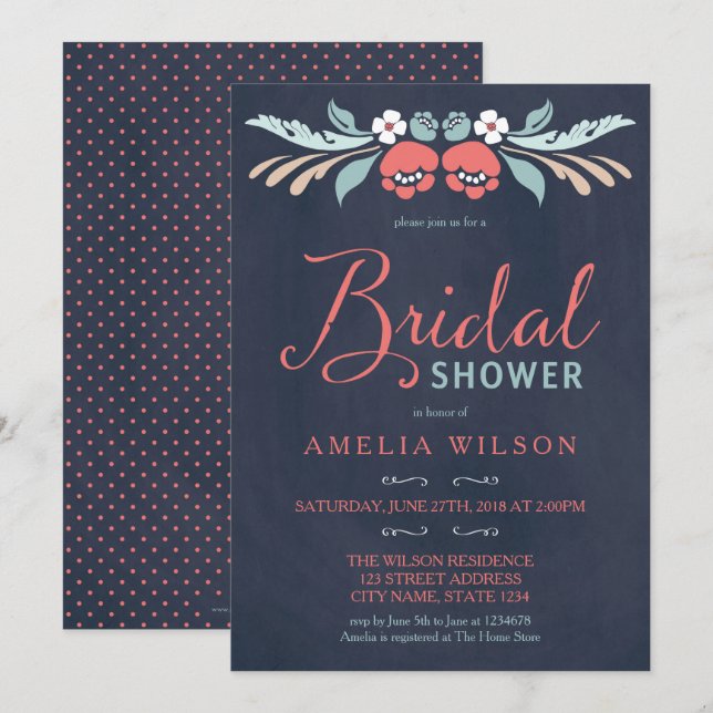 Bluish Chalkboard Floral Brautparty Einladung (Vorne/Hinten)