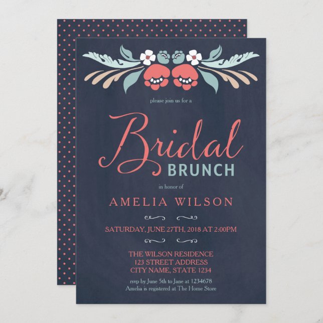 Bluish Chalkboard Floral Bridal Brunch Einladung (Vorne/Hinten)