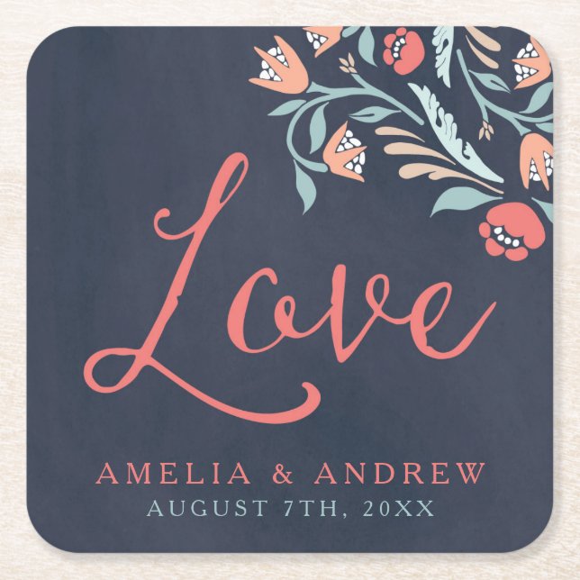 Bluish Chalkboard Floral Wedding Liebe Rechteckiger Pappuntersetzer (Vorderseite)