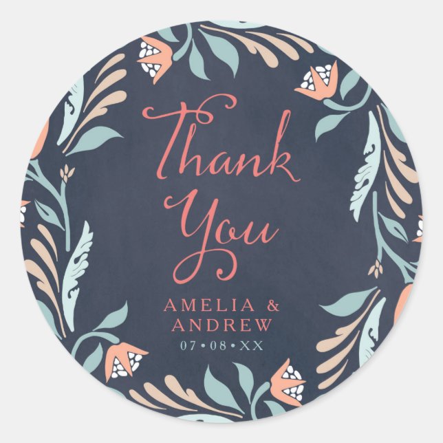 Bluish Chalkboard Floral Wedding Vielen Dank Runder Aufkleber (Vorderseite)
