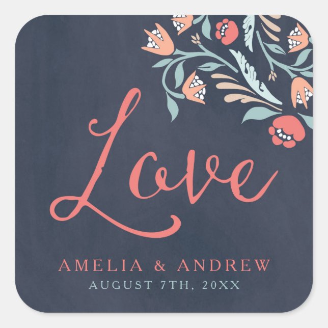 Bluish Chalkboard Liebe Hochzeit Quadratischer Aufkleber (Vorderseite)