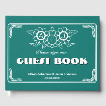 Bluish Green & White Wedding Guest Book