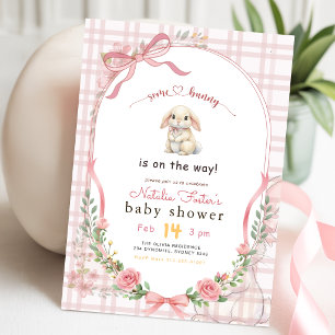 Blümchen-Gingham-Rosa-Schleife Süßer Hase Baby-Par Einladung