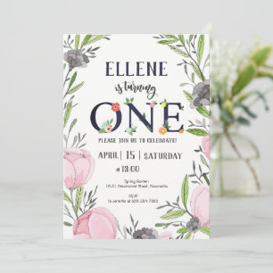 Blume 1. Geburtstag Einladung, Mädchen 1. Geburtst Einladung