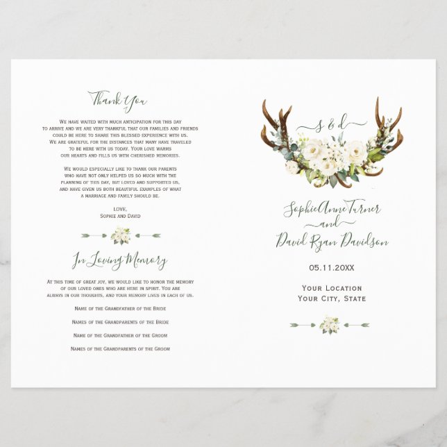 Blume Antlers Hochzeitsprogramm für Weißcreme (Vorne)