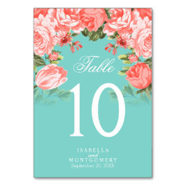 Blume aquamarin und Korallen | Tabellenkarten Tischnummer