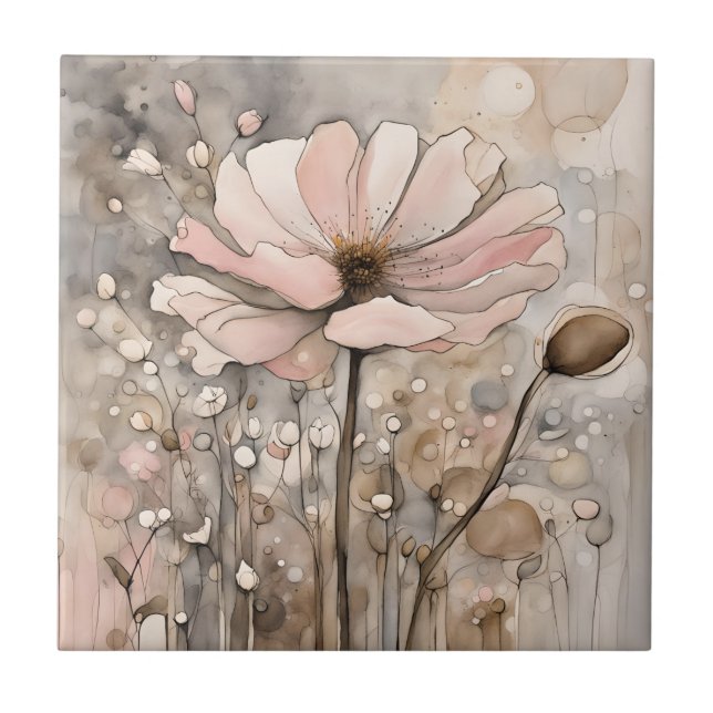 Blume Aquarell Abstrakt Beige Rosa Fliese (Vorderseite)