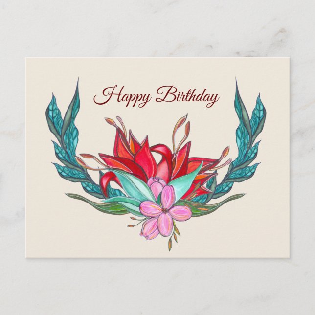 Blume Aquarell Happy Geburtstag Zeichnend Postkarte (Vorderseite)