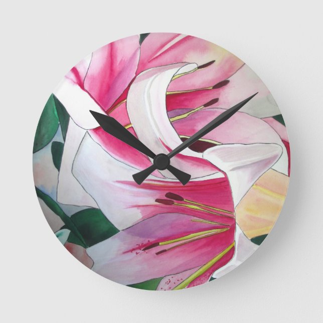 Blume Aquarell Originale Kunst in Weiß und Rosa Runde Wanduhr (Vorderseite)