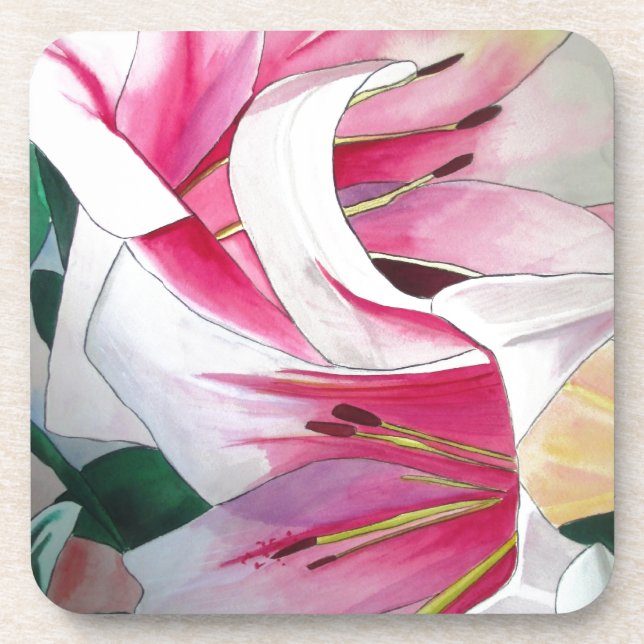 Blume Aquarell Originale Kunst in Weiß und Rosa Untersetzer (Vorderseite)