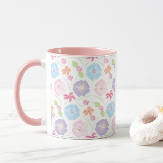 Blume Aquarellfarben, rosa, blau, romantisch Tasse (Mit Donut)