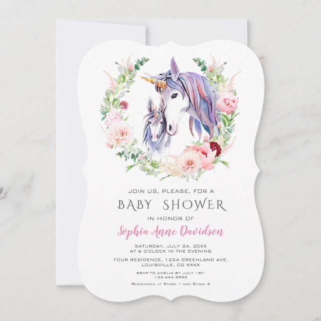 Blume Aquarellgarten Einhorn Kinderdusche Einladung (Vorderseite)