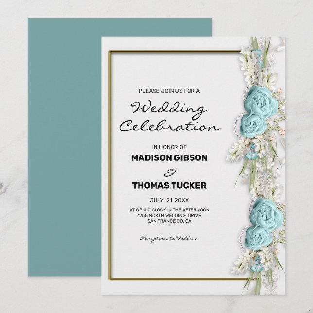 Blume Arrangement Blaue Rose Einladung Hochzeit (Vorne/Hinten)
